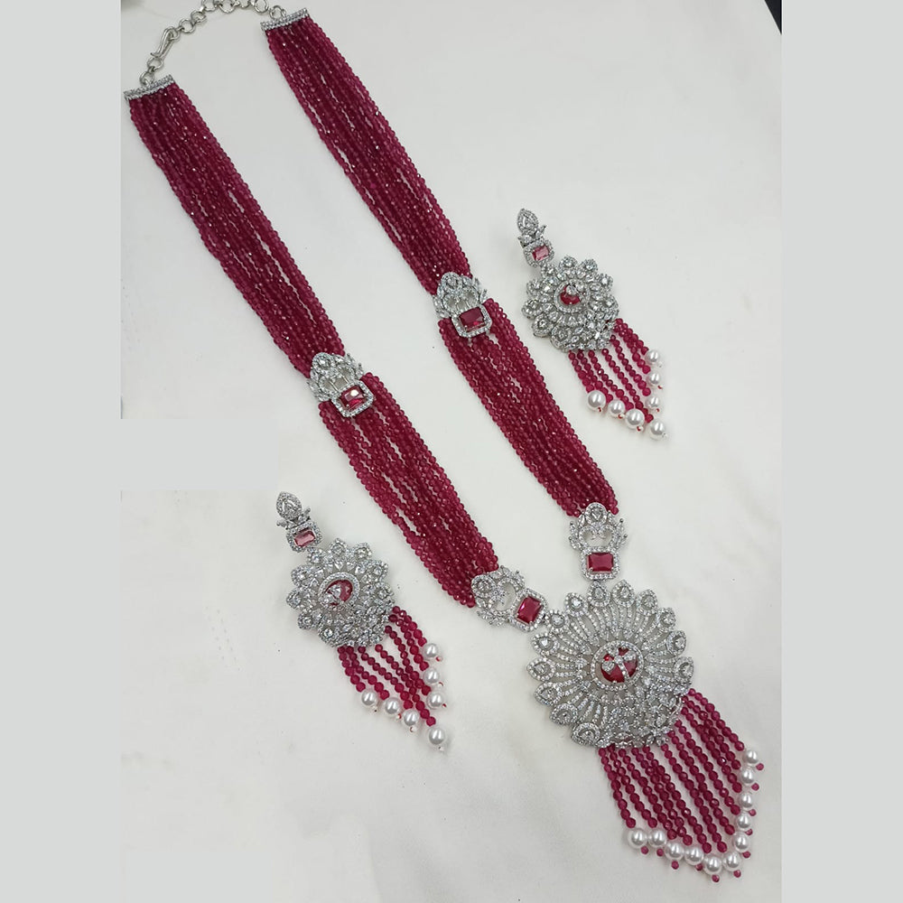 NAFJ Radiant Sparkle American Diamond & Pearl Long Necklace Jewellery Set for Party & Ethnic Wear