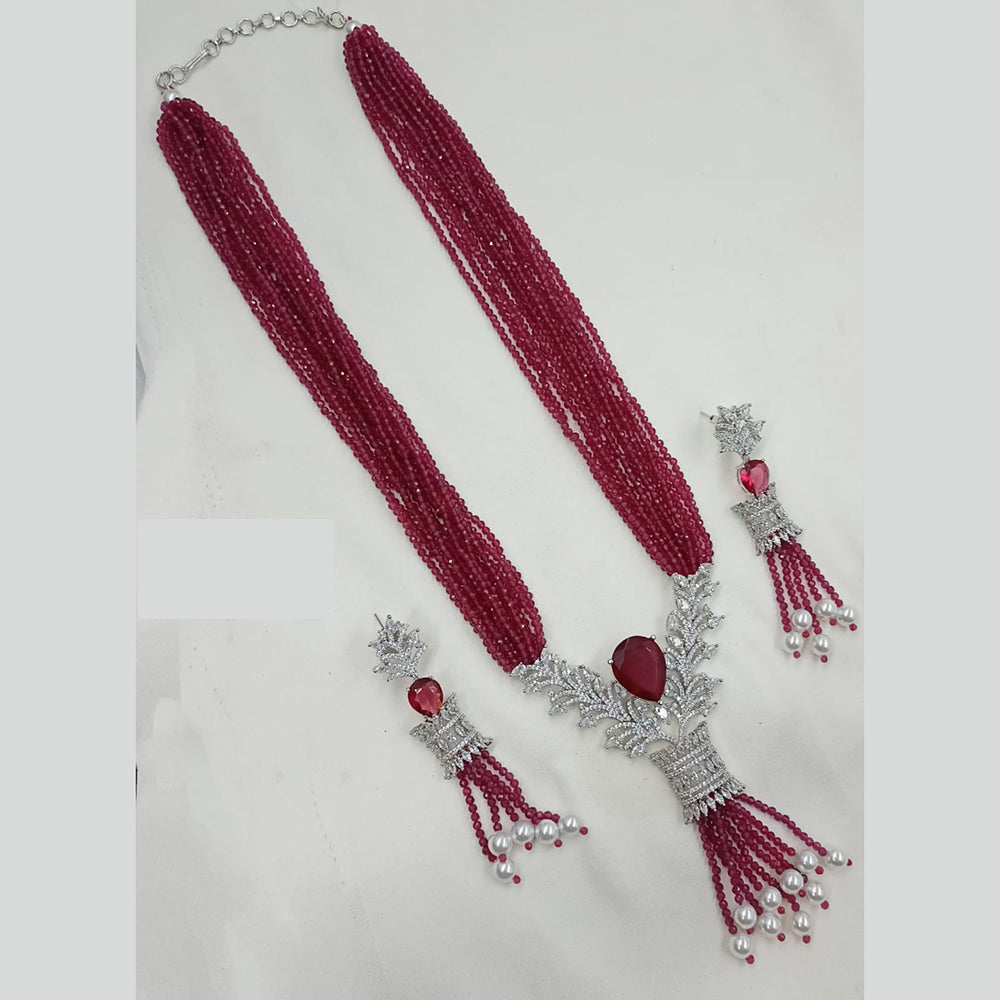 NAFJ Radiant Sparkle American Diamond & Pearl Long Necklace Jewellery Set for Party & Ethnic Wear