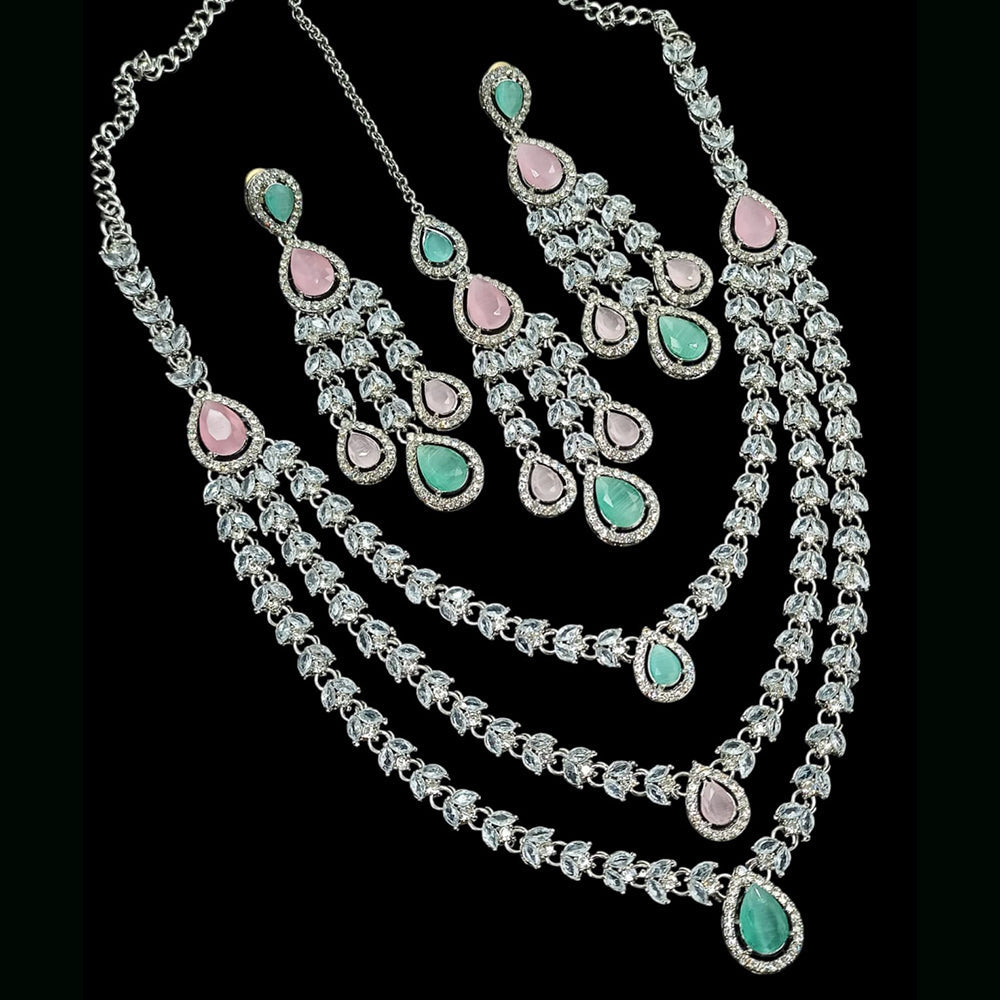NAFJ Radiant Sparkle Multi Layer American Diamond Long Necklace Jewellery Set for Party & Ethnic Wear