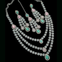 NAFJ Radiant Sparkle Multi Layer American Diamond Long Necklace Jewellery Set for Party & Ethnic Wear