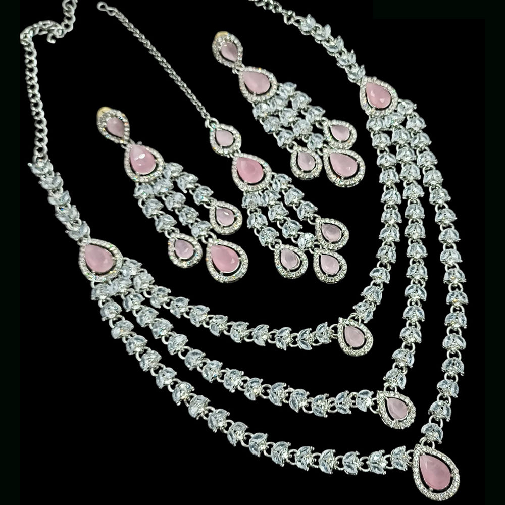 NAFJ Radiant Sparkle Multi Layer American Diamond Long Necklace Jewellery Set for Party & Ethnic Wear