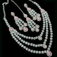 NAFJ Radiant Sparkle Multi Layer American Diamond Long Necklace Jewellery Set for Party & Ethnic Wear
