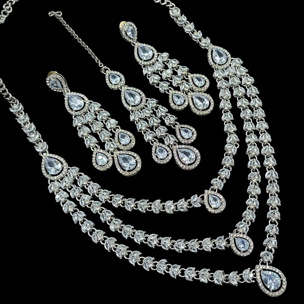 NAFJ Radiant Sparkle Multi Layer American Diamond Long Necklace Jewellery Set for Party & Ethnic Wear