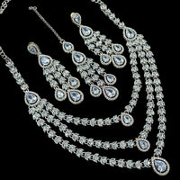 NAFJ Radiant Sparkle Multi Layer American Diamond Long Necklace Jewellery Set for Party & Ethnic Wear