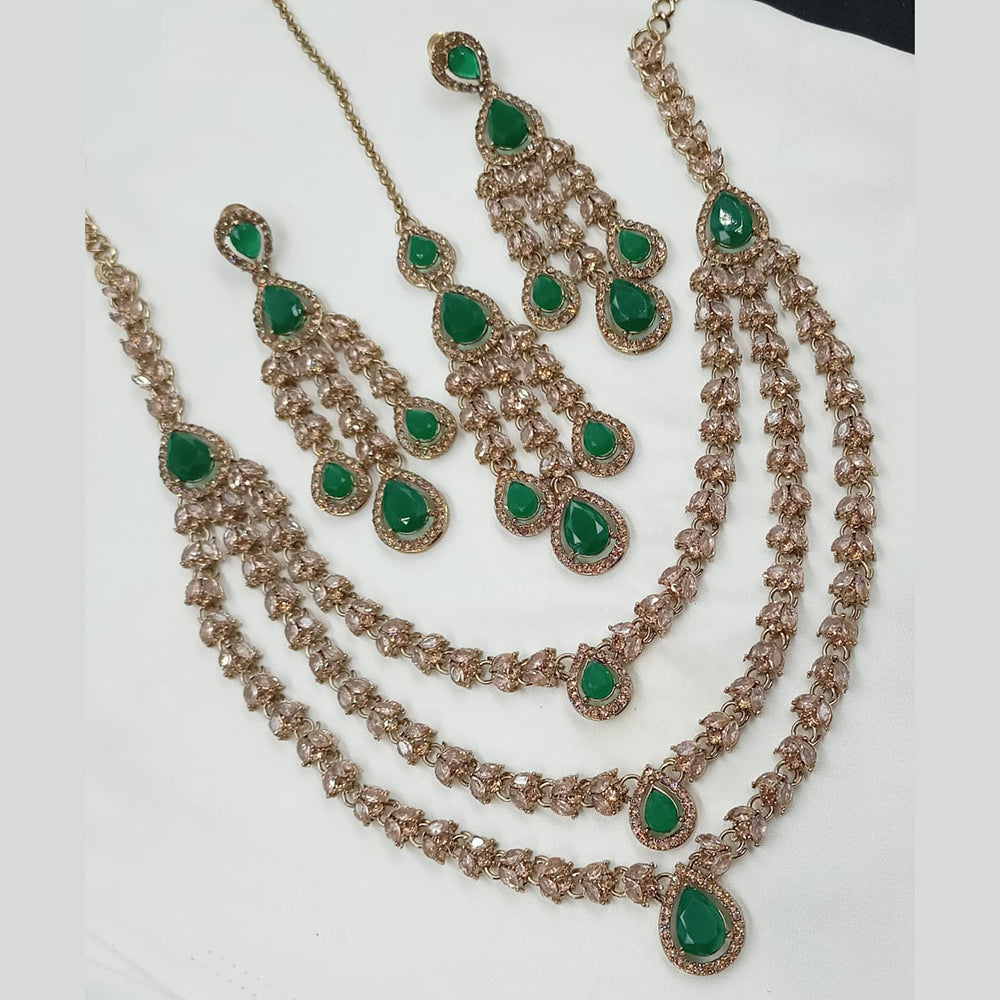 NAFJ Radiant Gold Plated Sparkle Multi Layer American Diamond Long Necklace Jewellery Set for Party