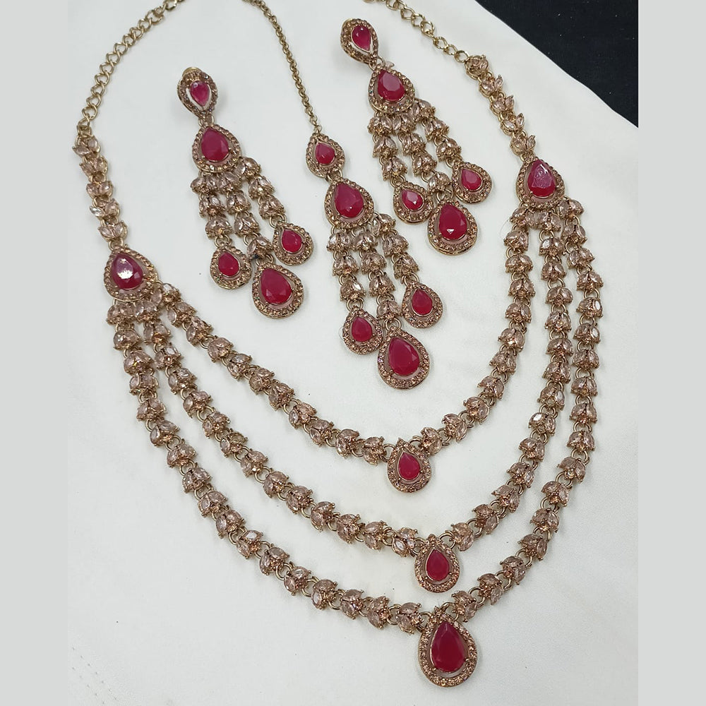 NAFJ Radiant Gold Plated Sparkle Multi Layer American Diamond Long Necklace Jewellery Set for Party