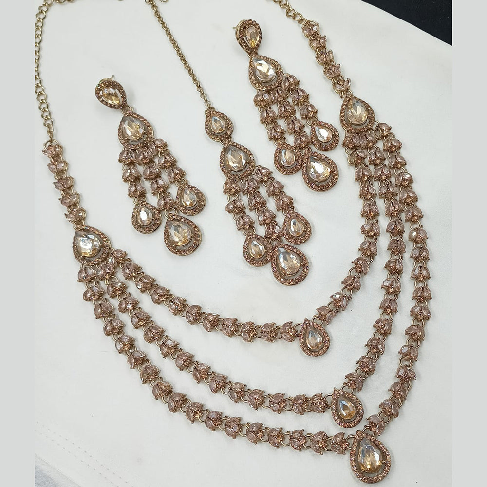 NAFJ Radiant Gold Plated Sparkle Multi Layer American Diamond Long Necklace Jewellery Set for Party