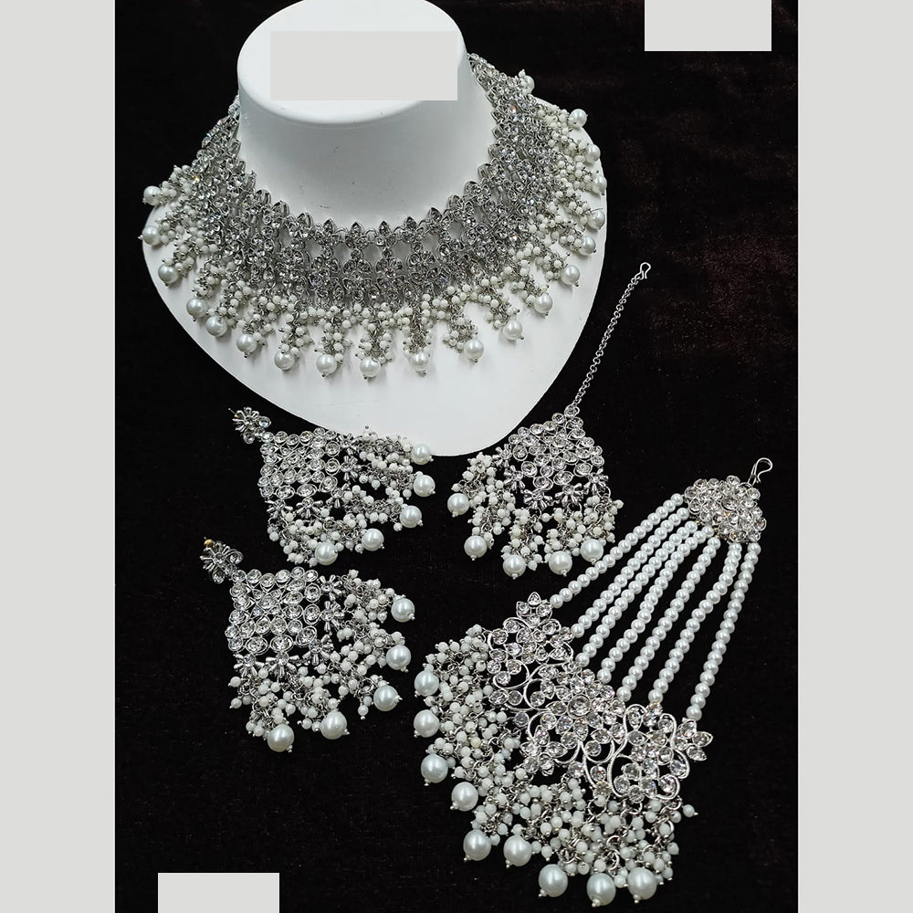 NAFJ Traditional Rodium Plated  Crystal And Pearl Bridal Necklace With Pasa Perfect For Bride