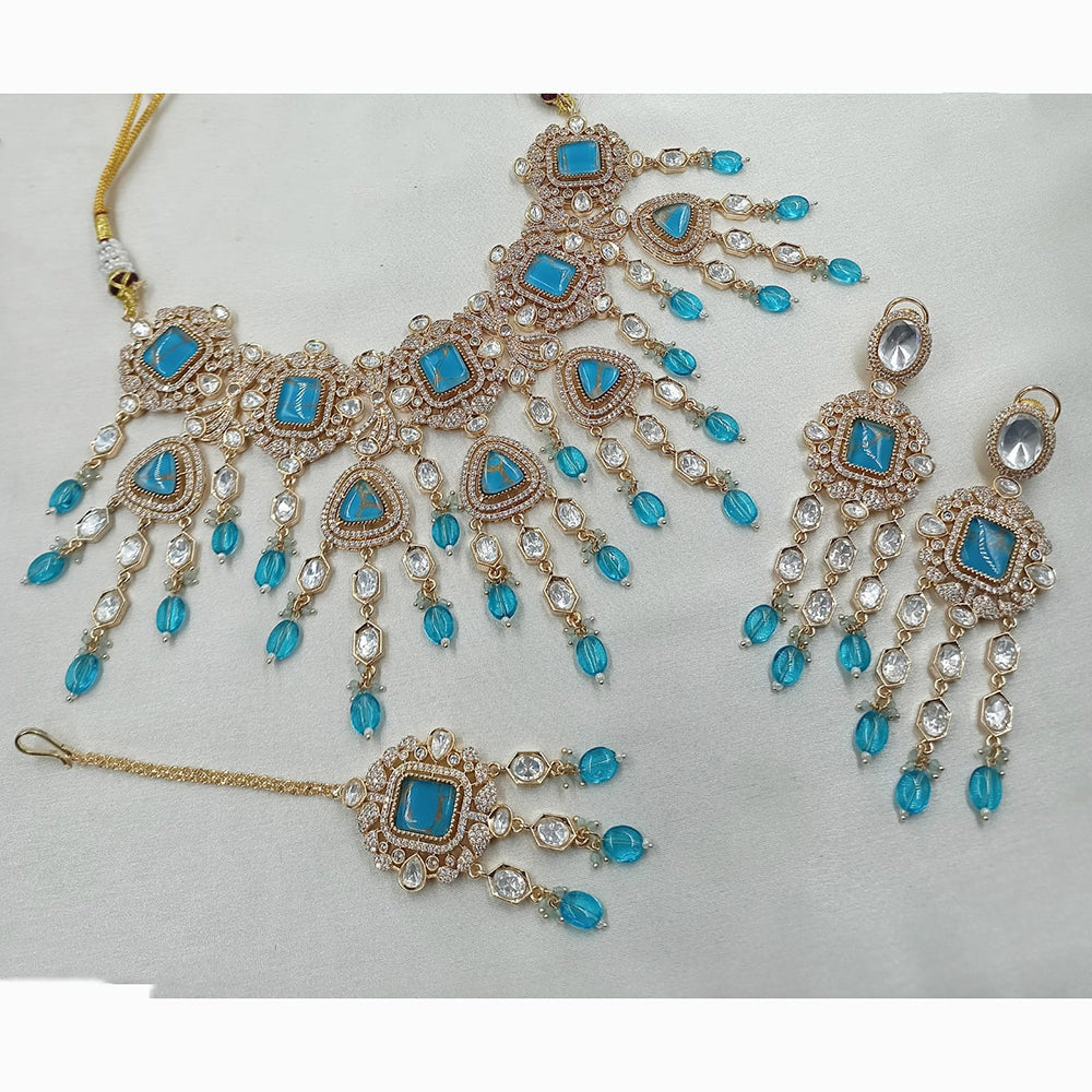 NAFJ Antique Gold Plated Kundan and Beads Rani Haar Necklace Set for wedding wear