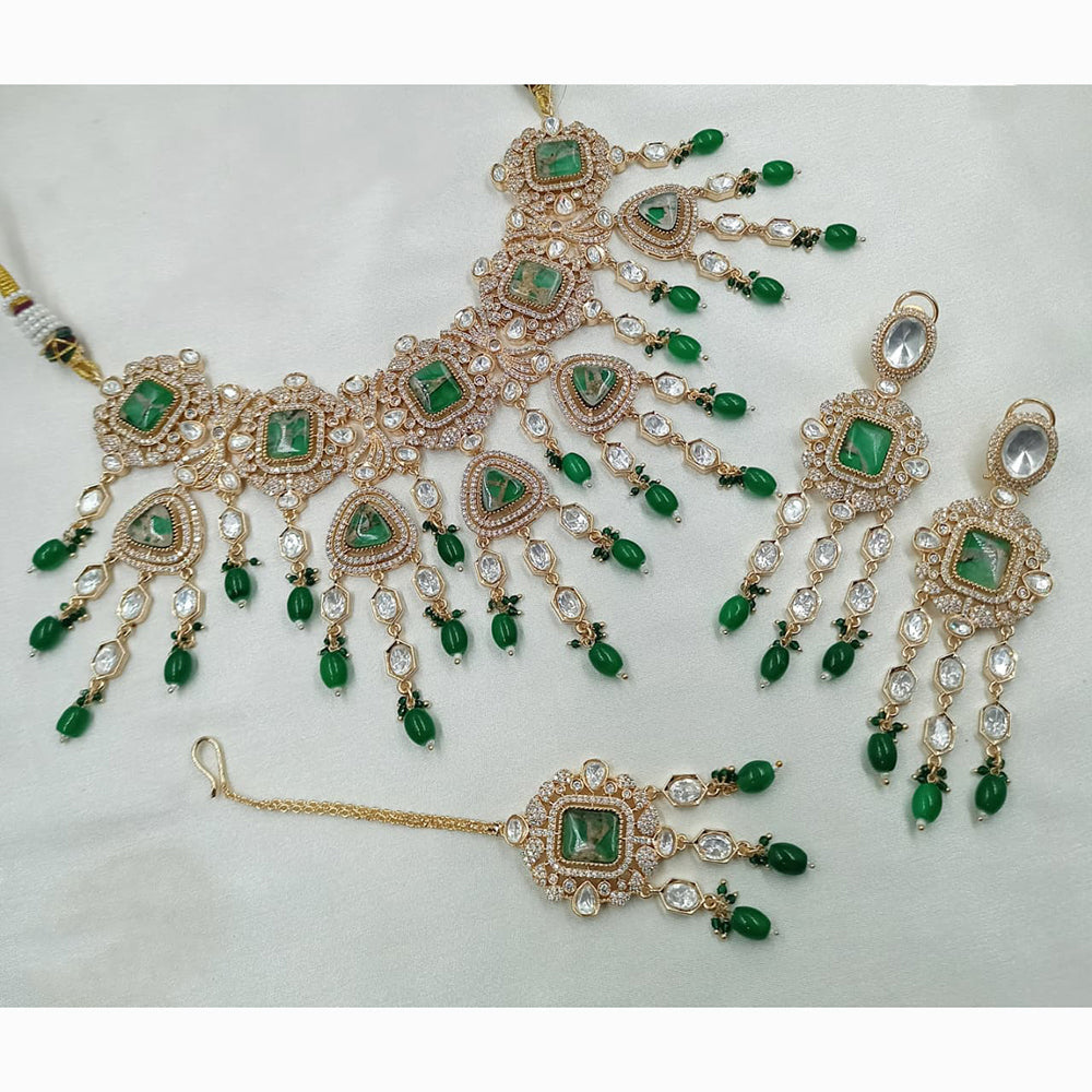 NAFJ Antique Gold Plated Kundan and Beads Rani Haar Necklace Set for wedding wear