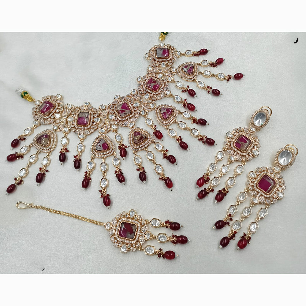 NAFJ Antique Gold Plated Kundan and Beads Rani Haar Necklace Set for wedding wear