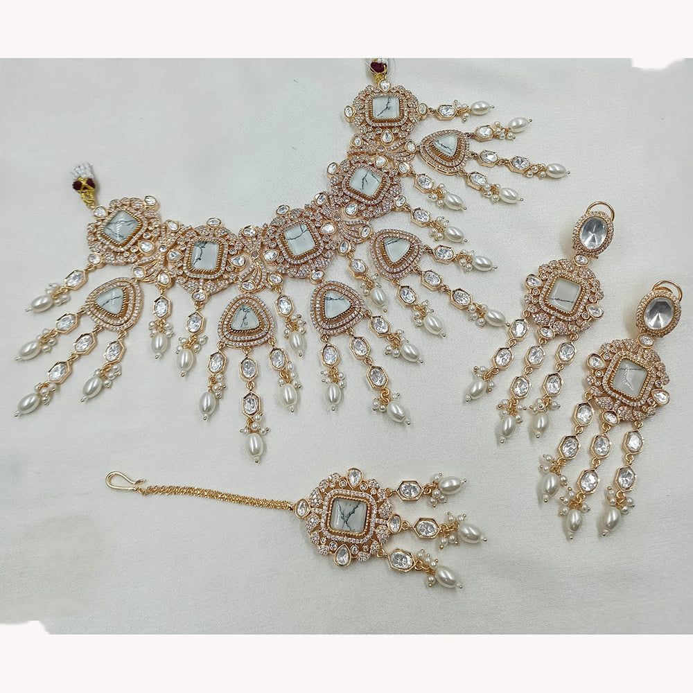 NAFJ Antique Gold Plated Kundan and Beads Rani Haar Necklace Set for wedding wear