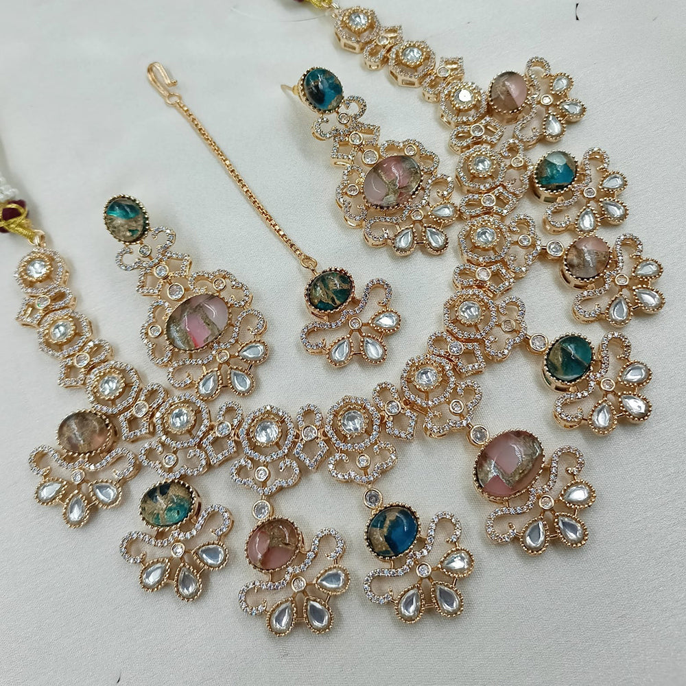 NAFJ Antique Gold Plated Kundan Necklace Set for Weddings and Special Occasions