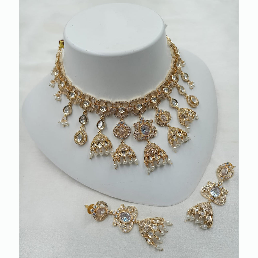 NAFJ Antique Gold Plated Kundan and Pearl Necklace Set for Weddings Occasions