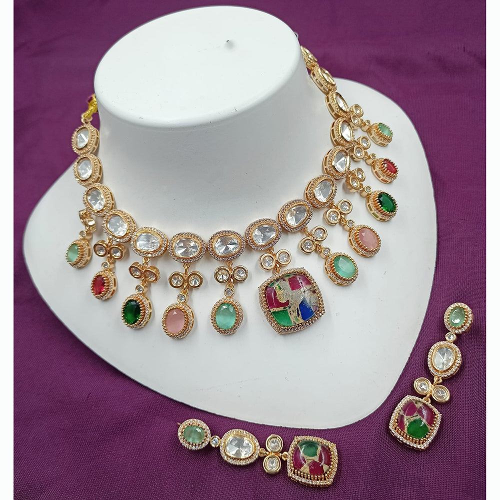 NAFJ Antique Gold Plated Kundan Necklace Set for Weddings and Special Occasions