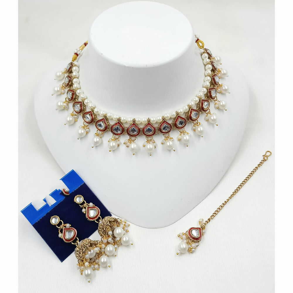 NAFJ Exquisite Kundan Stone Pearl And Beads Meenakari Choker Necklace Set
