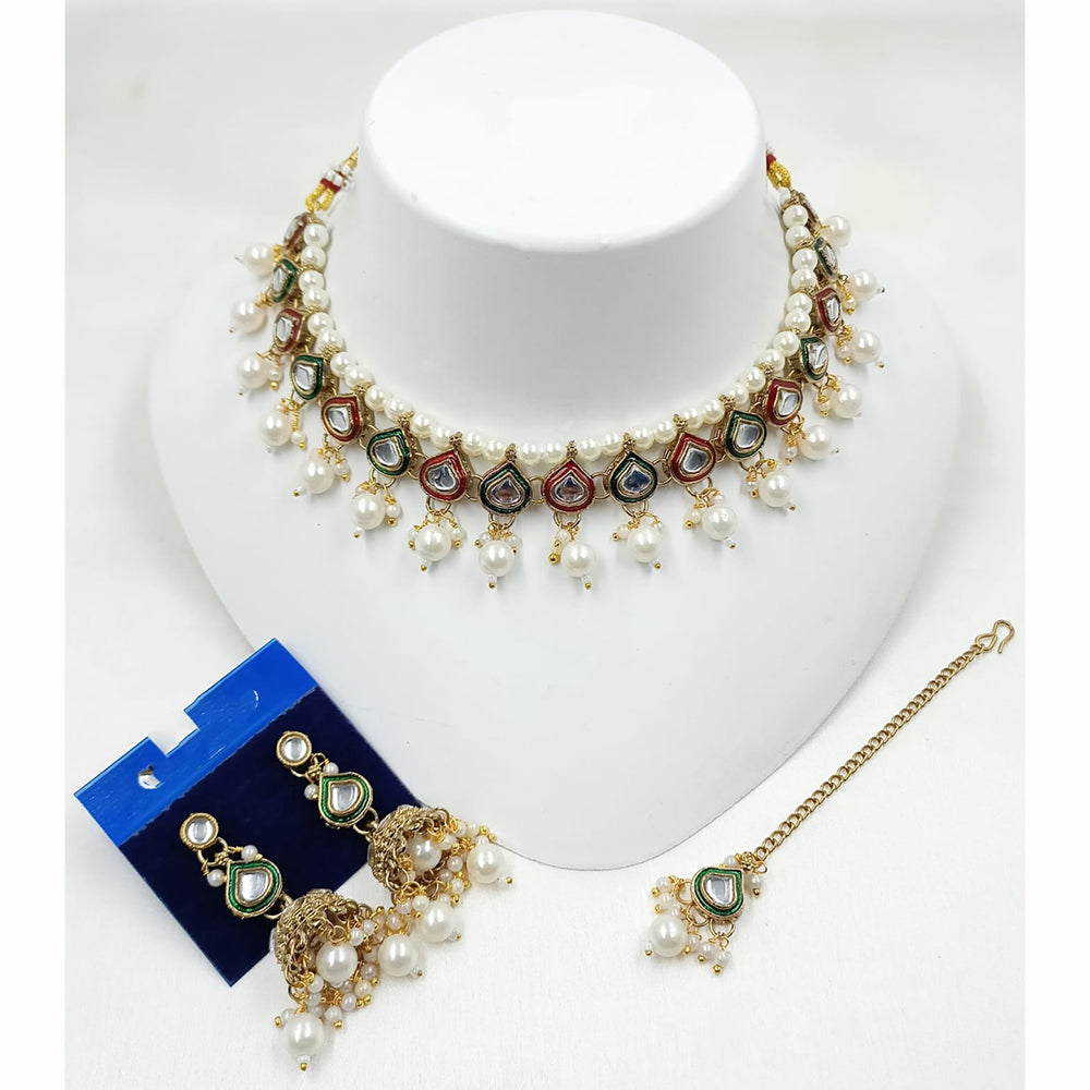 NAFJ Exquisite Kundan Stone Pearl And Beads Meenakari Choker Necklace Set