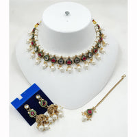 NAFJ Exquisite Kundan Stone Pearl And Beads Meenakari Choker Necklace Set