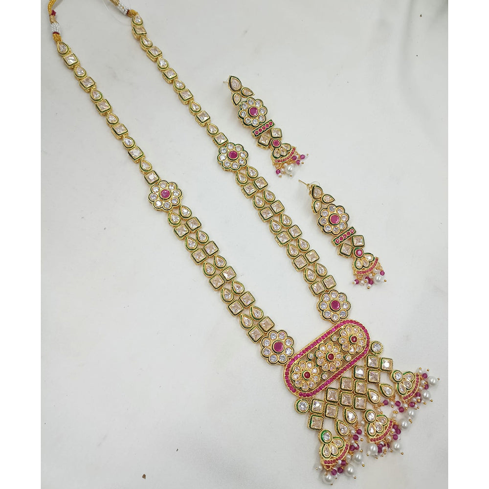NAFJ Crystal Stone And Pearl Long Designer Necklace Set