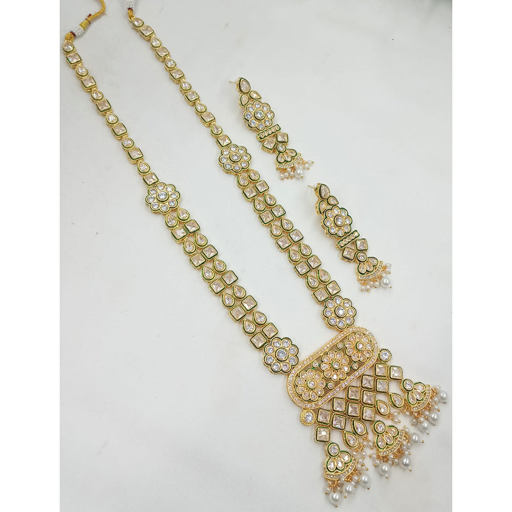 NAFJ Crystal Stone And Pearl Long Designer Necklace Set