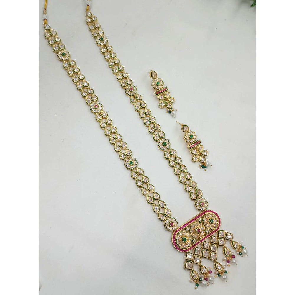 NAFJ Crystal Stone And Pearl Long Designer Necklace Set