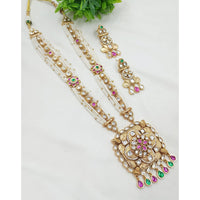 NAFJ Gold Plated Crystal Stone And Pearl  Long Necklace Set