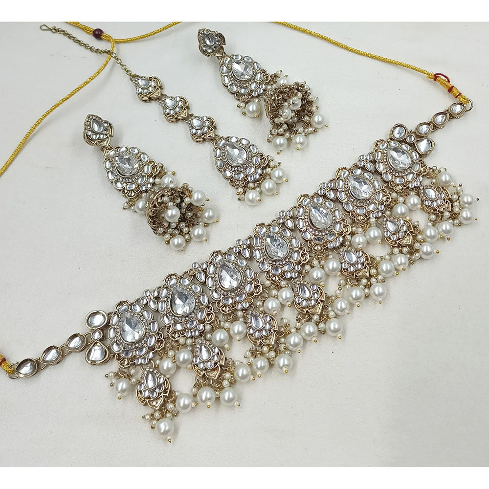 NAFJ Traditional Kundan Stone Pearl And Beads Choker Necklace Set