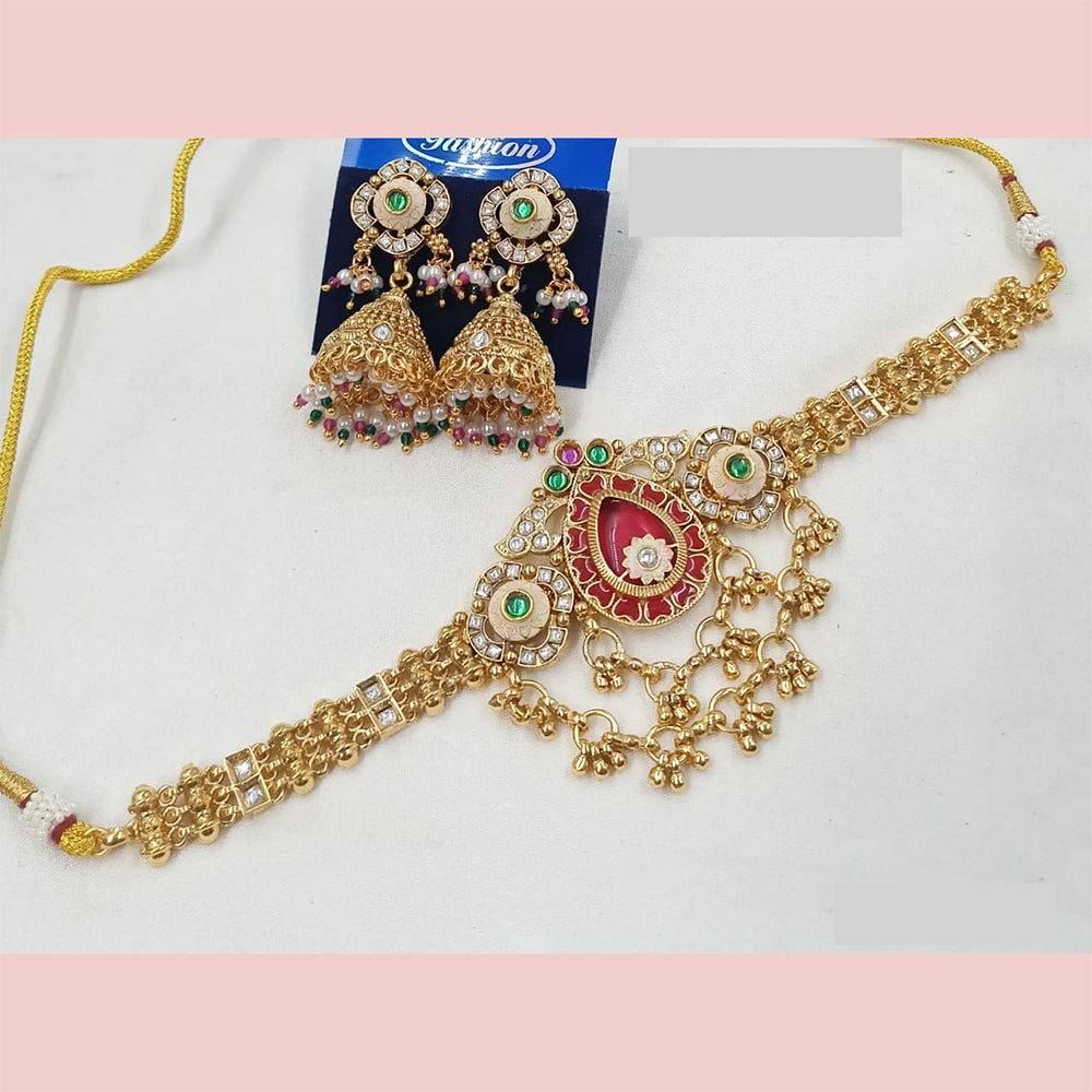 NAFJ Royal Pota Stone And Pearl Meenakari Choker Necklace Set