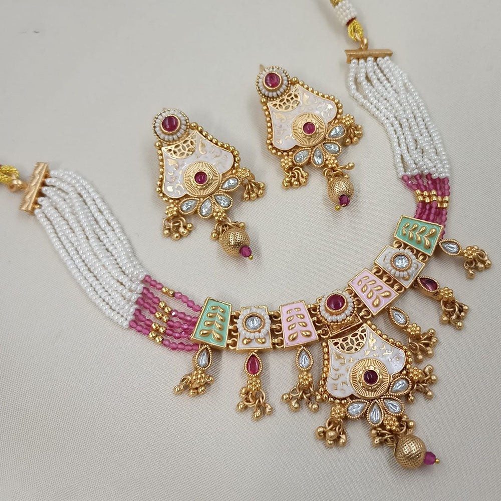 NAFJ Sparkling Pota Stone And Pearl Designer Meenakari Necklace Set