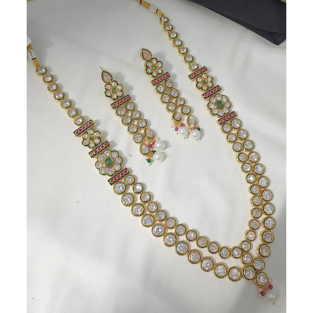 NAFJ Sparkling Crystal Stone And Pearl Designer Long Necklace Set