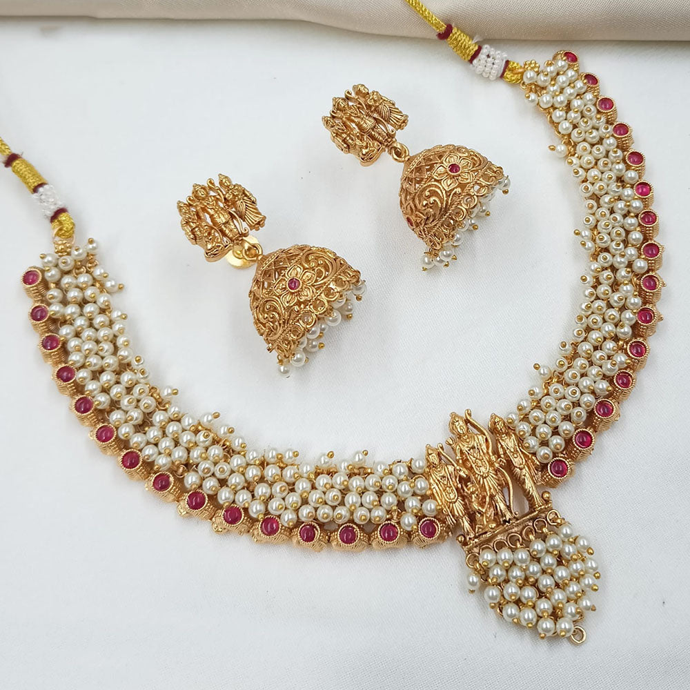 NAFJ Luxury Pota Stone And Pearl Traditional Temple Necklace Set
