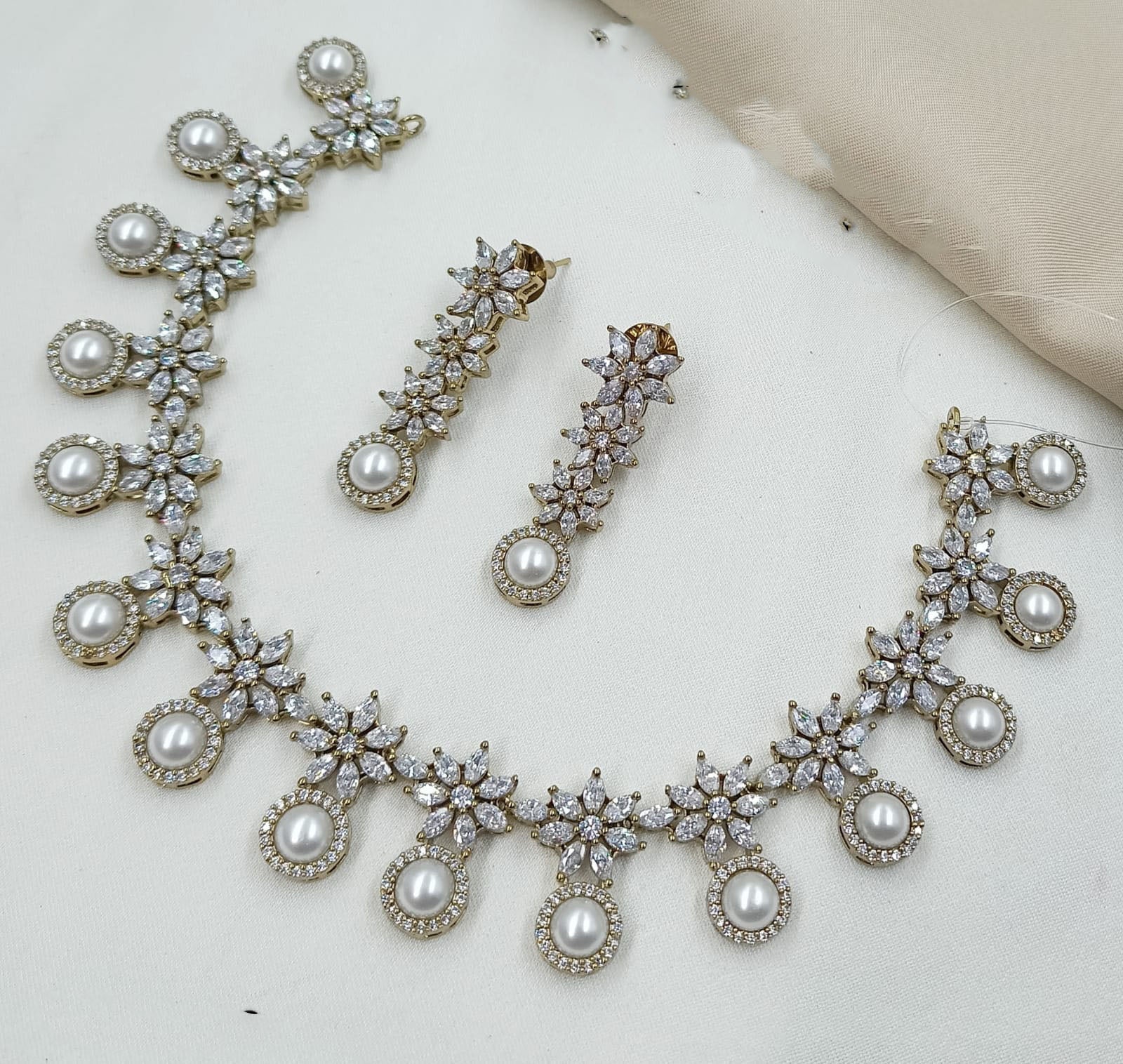 NAFJ Elegant American Diamond And Pearl Designer Necklace Set