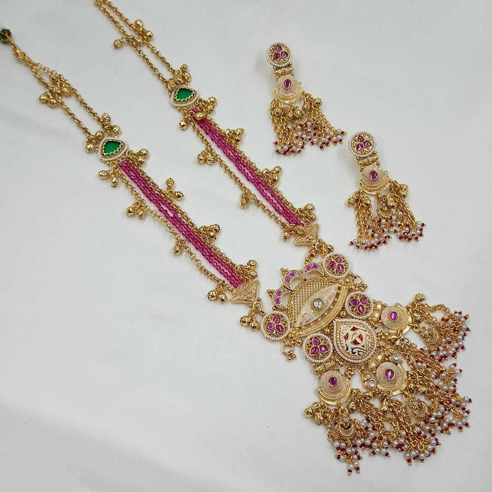 NAFJ Graceful Pota Stone And Pearl Meenakari Long Necklace Set