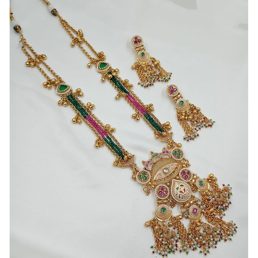NAFJ Graceful Pota Stone And Pearl Meenakari Long Necklace Set