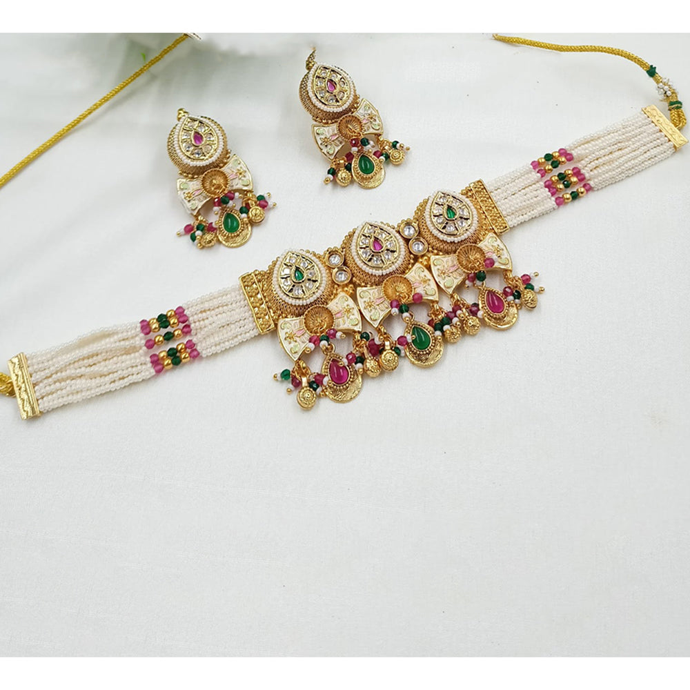 NAFJ Graceful Pota Stone And Pearl Meenakari Choker Necklace Set