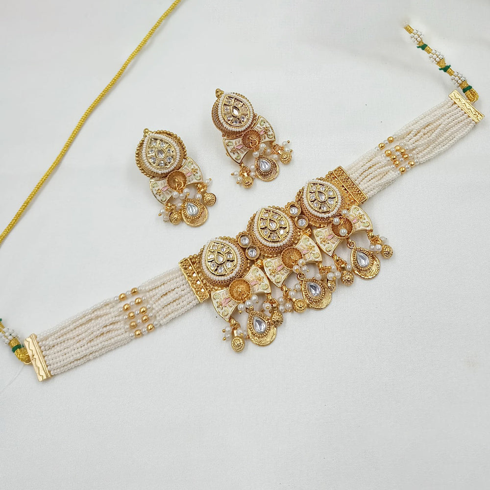 NAFJ Graceful Pota Stone And Pearl Meenakari Choker Necklace Set