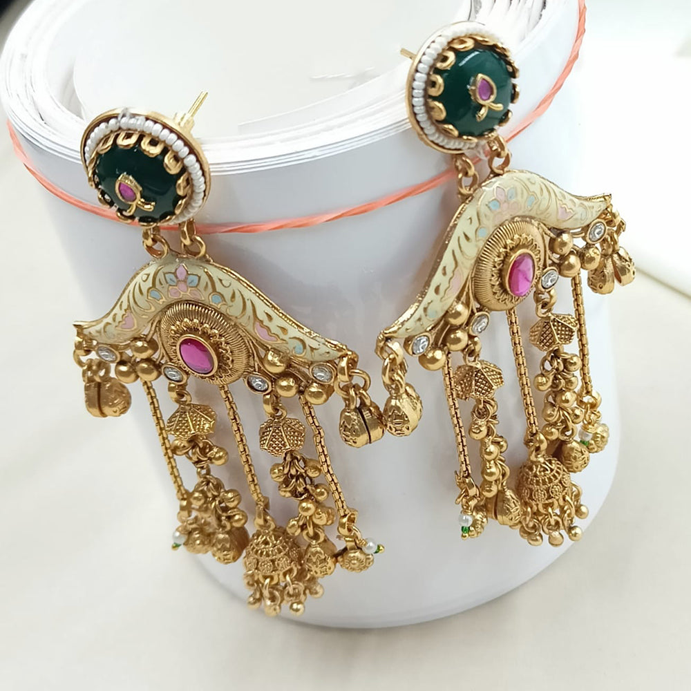 NAFJ Rajwadi Style Pota Stone And Pearl Meenakari Grand Jhumki Earrings