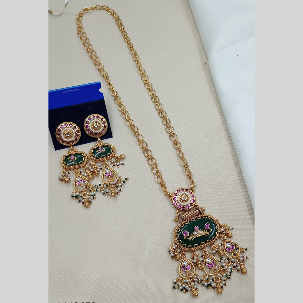 NAFJ Elegant Pota Stone And Crystal Stone Pearl Long Necklace Set