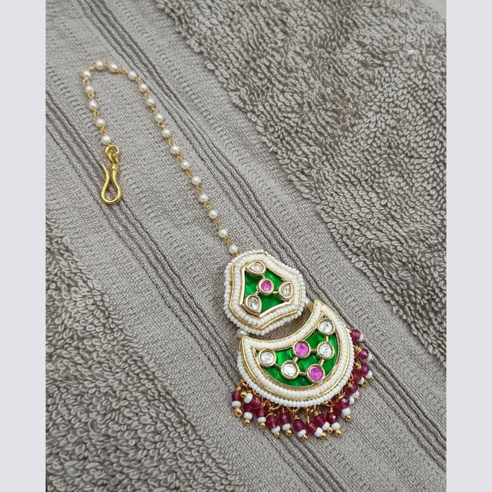 NAFJ Sparkling Polki Kundan Stone And Pearl Maangtikka
