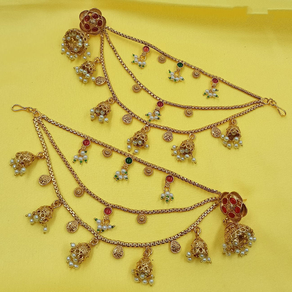 NAFJ Rajwadi Style Pota Stone And Pearl Grand Jhumki Earrings With Maangtikka