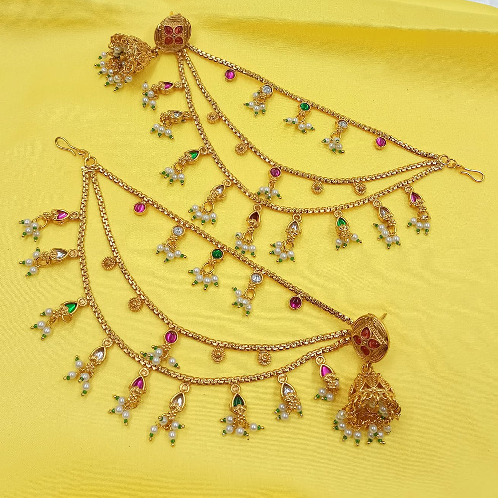 NAFJ Rajwadi Style Pota Stone And Pearl Grand Jhumki Earrings With Maangtikka