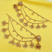 NAFJ Rajwadi Style Pota Stone And Pearl Grand Jhumki Earrings With Kaanchain