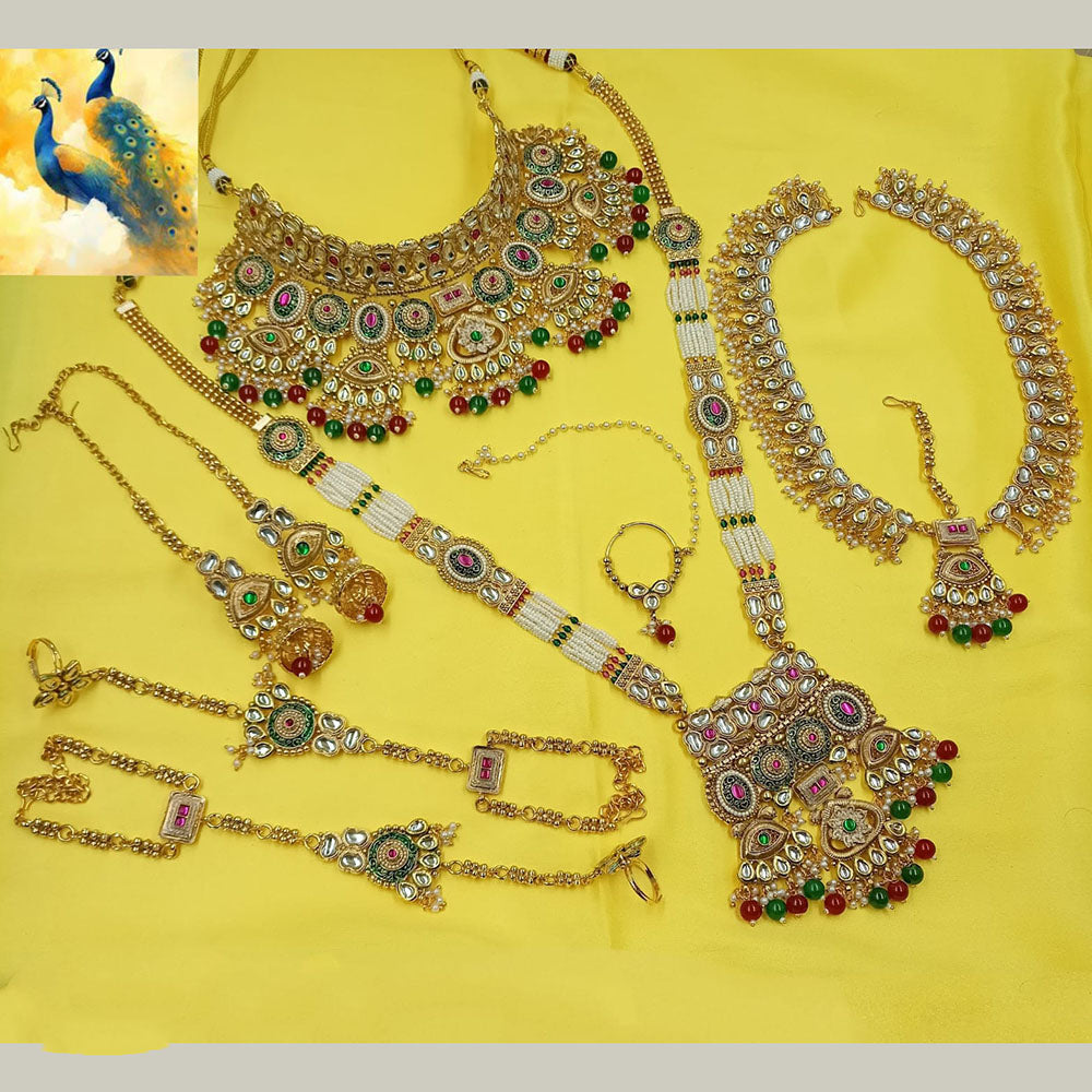 NAFJ Premium Pota Stone Pearl And Beads Meenakari Bridal Jewellery Set
