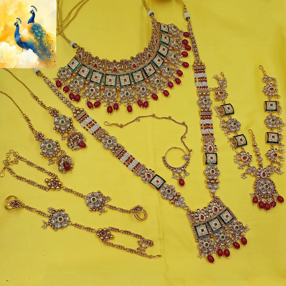 NAFJ Premium Pota Stone Pearl And Beads Meenakari Bridal Jewellery Set