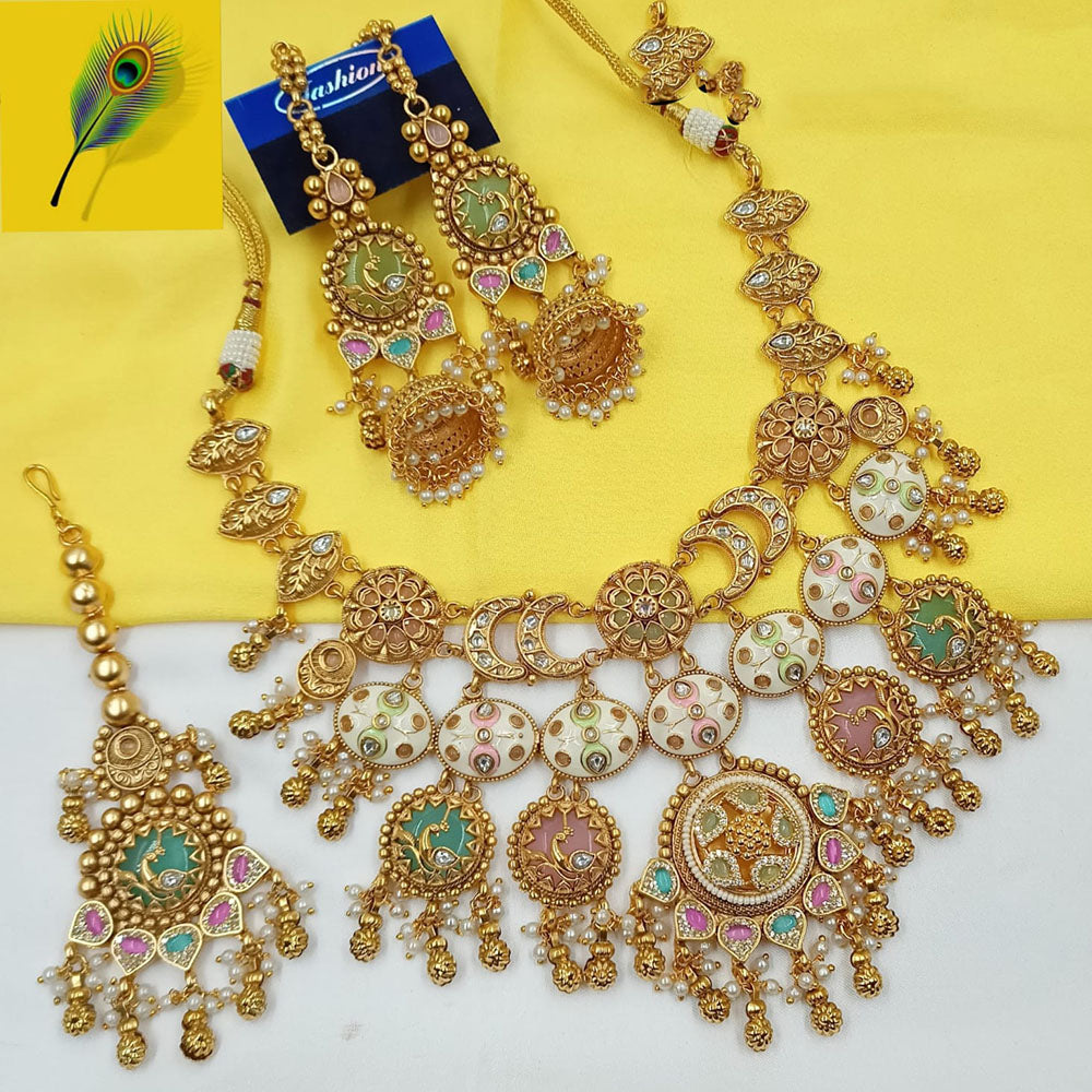 NAFJ Premium Pota Stone And Pearl Meenakari Necklace Set