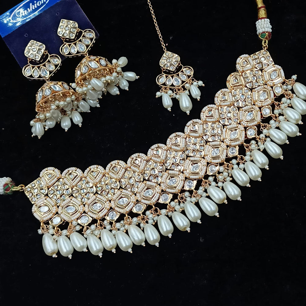 NAFJ Grand Polki Kundan Stone Pearl And Beads Choker Necklace Set
