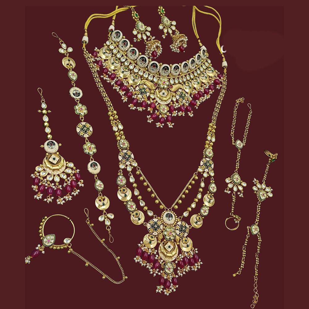 NAFJ Premium Polki kundan Pearl And Beads Meenakari Bridal Jewellery Set