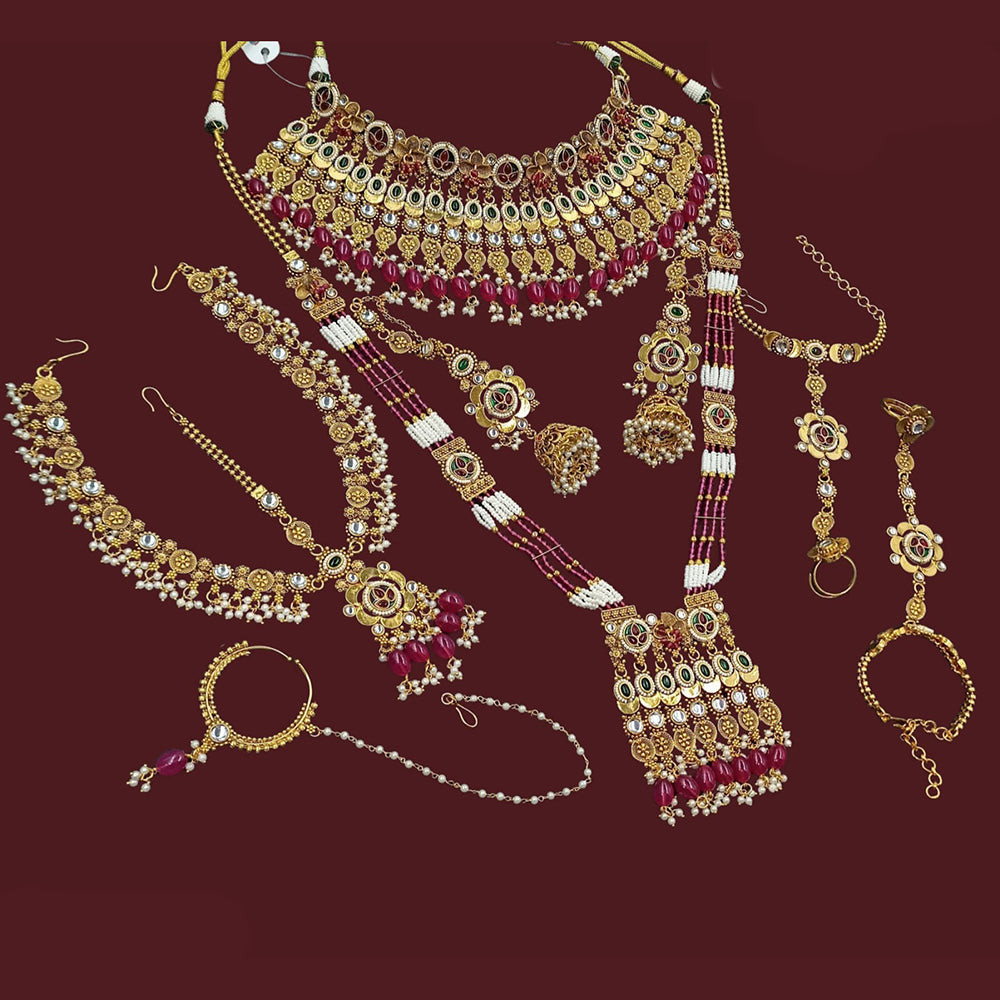 NAFJ Premium Pota Stone Pearl And Beads Meenakari Bridal Jewellery Set