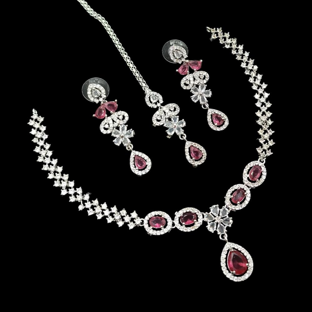 NAFJ Glamorous Crystal Stone And Austrian Stone Designer Necklace Set With Maangtikka