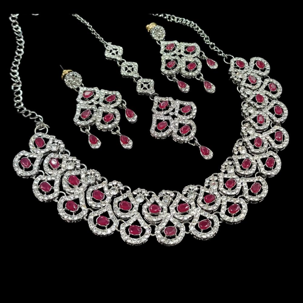 NAFJ Glamorous Crystal Stone And Austrian Stone Designer Necklace Set With Maangtikka